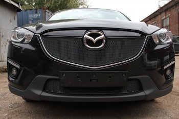 Защитная сетка в бампер (верх, без парктроника, ячейка 4х10 мм) Alfeco Премиум Mazda CX-5 KE дорестайлинг (2011-2014)  (Чёрная)