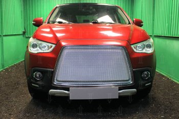 Защитная сетка в бампер (3D, ячейка 4х10 мм) Alfeco Премиум Mitsubishi ASX дорестайлинг (2010-2012)  (Хром)